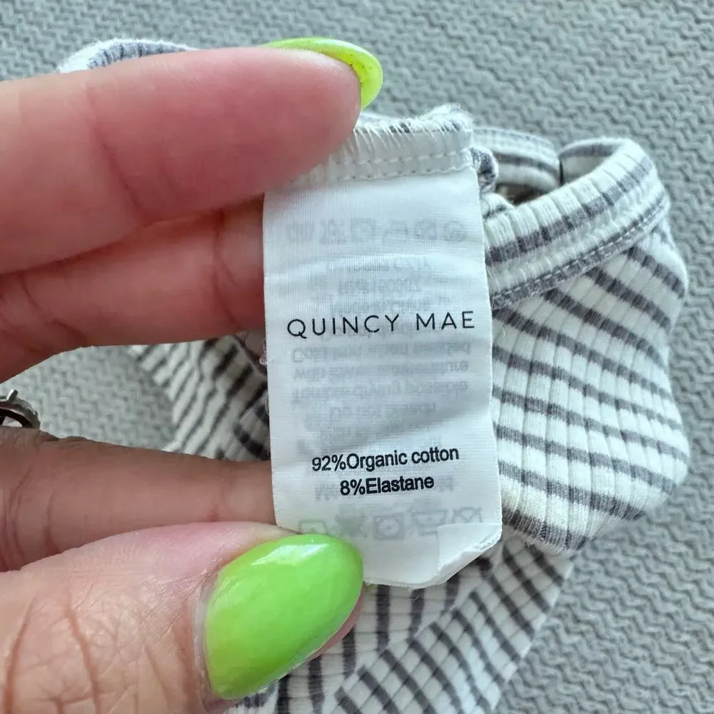 Quincy Mae Grey + White Striped Ribbed Long Sleeve One Piece Bodysuit 12 to 18